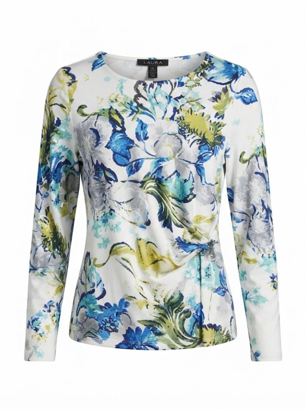 LAURA Floral Twist-Front Long Sleeve Top White Blue Medium Casual Everyday
